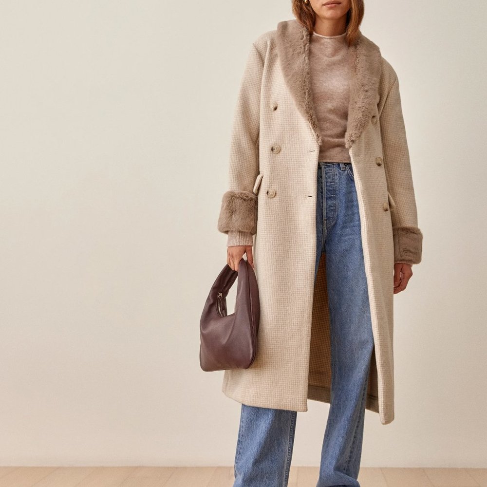 Reformation Lester Coat in Beige Houndstooth Small